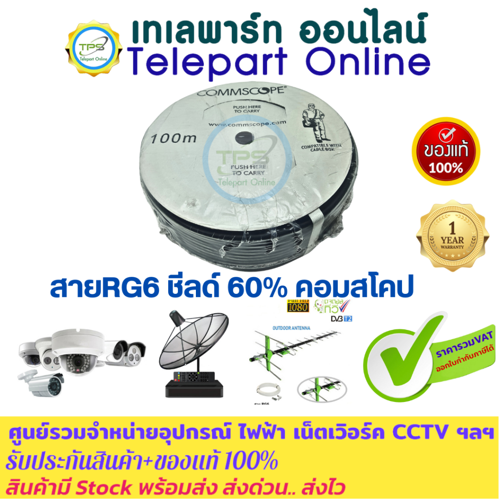 สายRG6 คอมสโป Commscope เกรดA ของแท้ ยาว 100เมตร/ม้วน USA