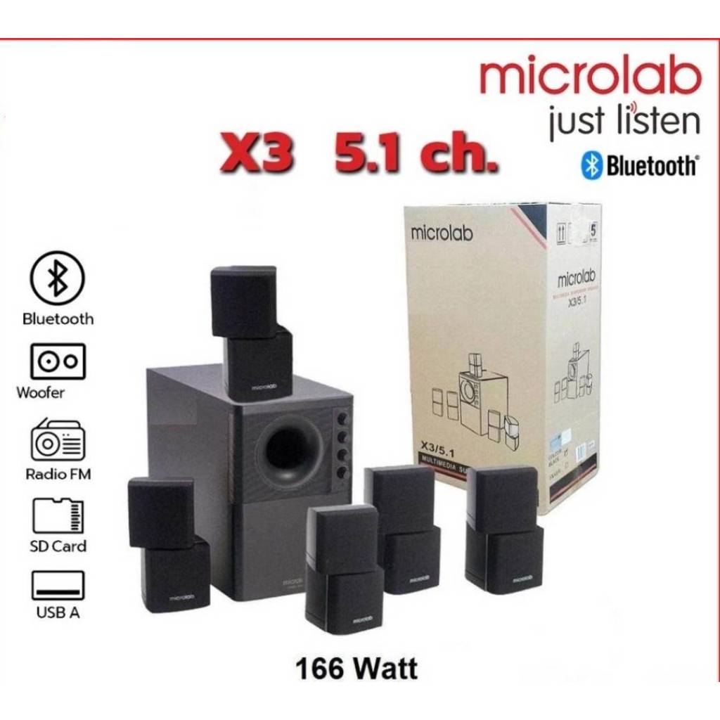 ชุดลำโพงคอมพิวเตอร์ กำลังขับ 166วัตต์ ลำโพงบลูทูธ Microlab X3/5.1 BT Multimedia Speaker