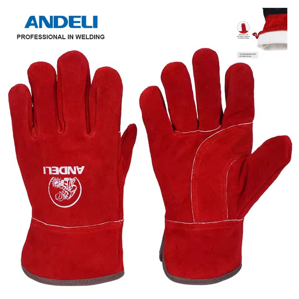Andeli ถุงมือหนัง ถุงมือเชื่อม 10นิ้ว 14 นิ้ว สีน้ำเงิน สีแดง หนังนุ่ม ทนไฟ เย็บดี
