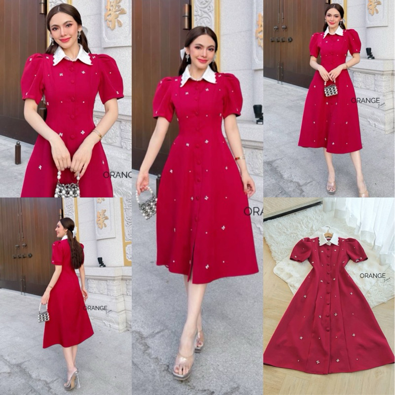 พร้อมส่ง S-5XL ป้าย Orange Juice เดรสยาว สีแดง คอเชิ้ต ปักเพชร ลุคคุณหนู ผ้าดีมาก
