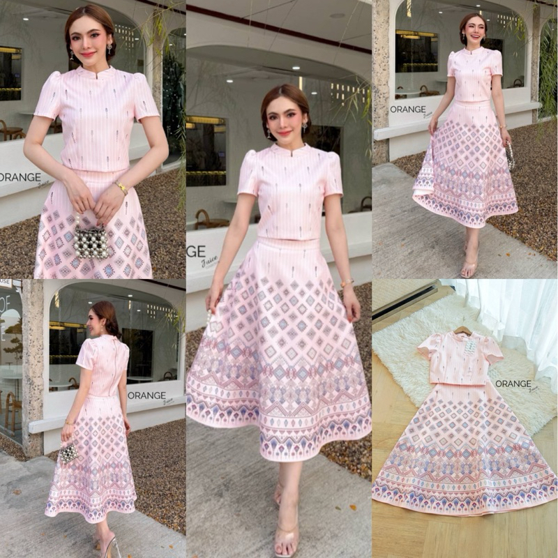🧡พร้อมส่ง 2XL-4XL🧡ป้าย Orange Juice💕Set  เสื้อ กระโปรง สีชมพู พิมพ์ลายกราฟฟิก ผ้าดีมาก