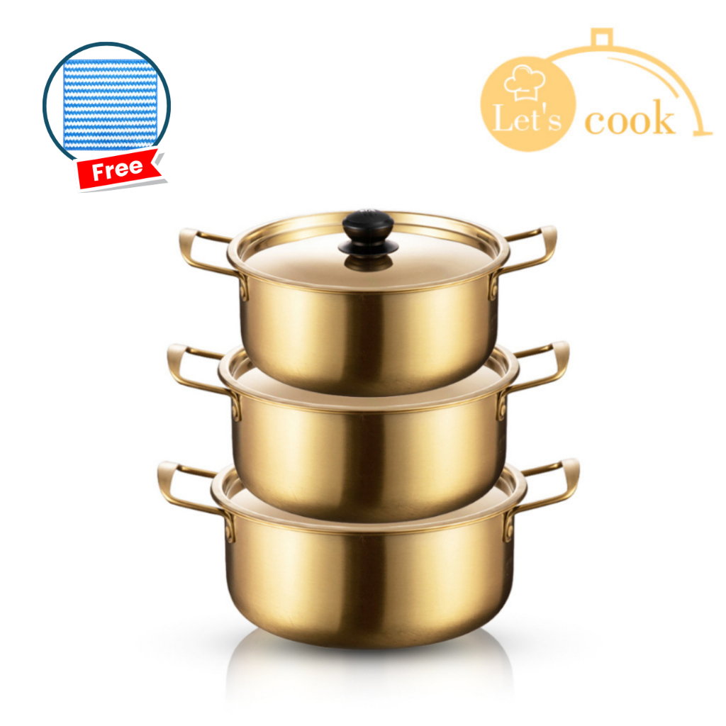 หม้อเกาหลีสีทอง Korean pot สำหรับต้มมาม่า รามยอน ใช้กับเตาแก๊ส เตาแม่เหล็กได้ 18-24cm Let's cook