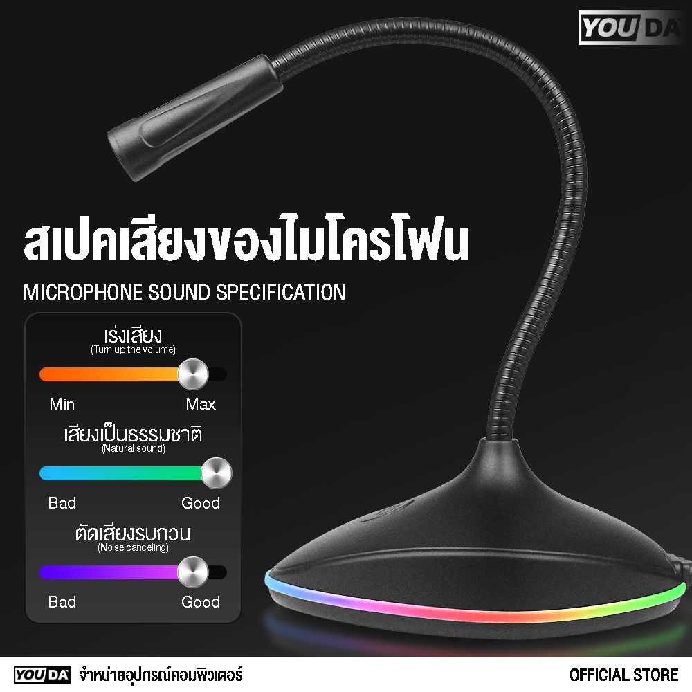 YOUDA ไมค์โครโฟน รับประกัน 1ปี ก้านไมค์หมุนได้รอบทิศทางถึง 360องศา มีไฟ LEDสวยงาม YD-M204 ไมโครโฟนมือถือ ไมค์คอมตั้งโต๊ะ