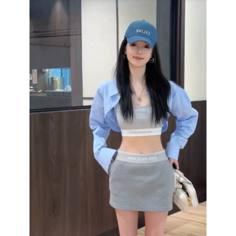 set 3 pcs เสื้อcropสายเดี่ยว +เสื้อเชิ้ตcrop+กระโปรงกางเกง # Sen4019
