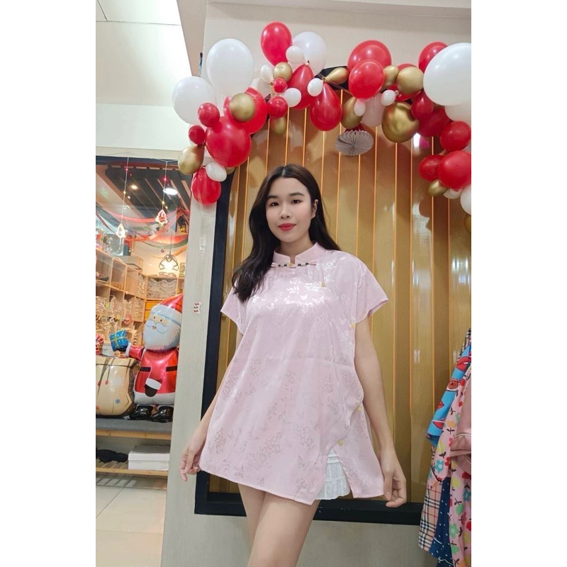 เสื้อกี่เพ้าผ้าพิมพ์ เสื้อจีน ต้อนรับตรุษจีน ทรงสวยสำหรับสาวพลัสไซส์