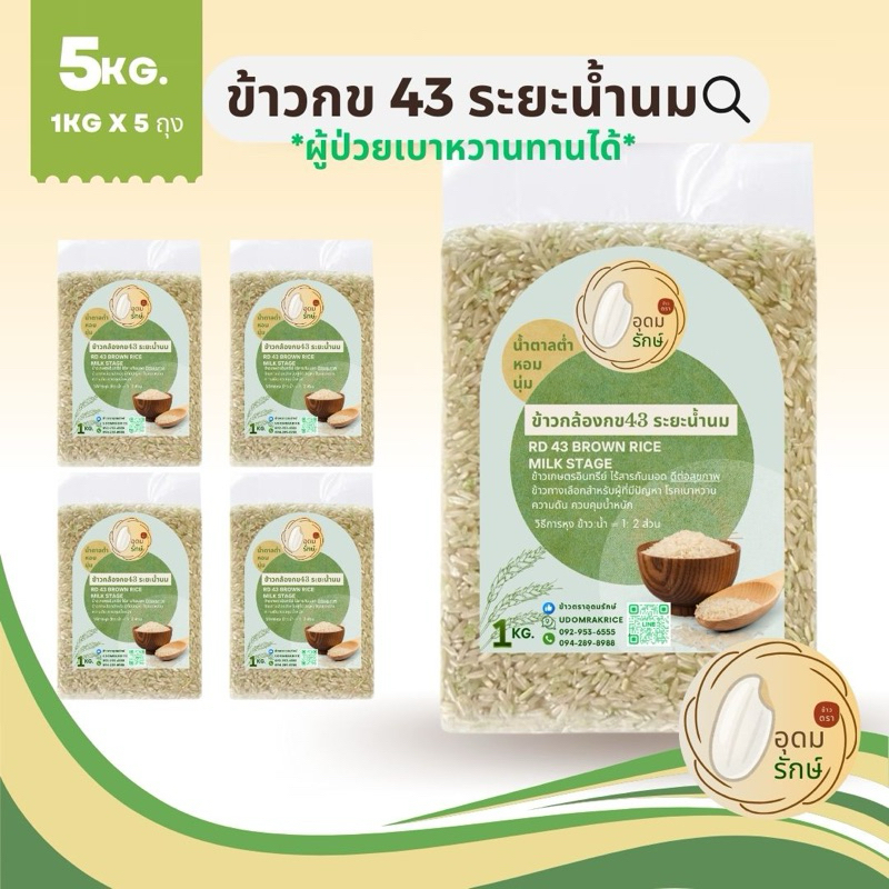 (4 แพ็ค แถม 1 แพ็ค) ข้าวตราอุดมรักษ์ ข้าวกล้องกข43 ระยะน้ำนม ผู้ป่วยเบาหวานทานได้ ไร้สารกันมอด