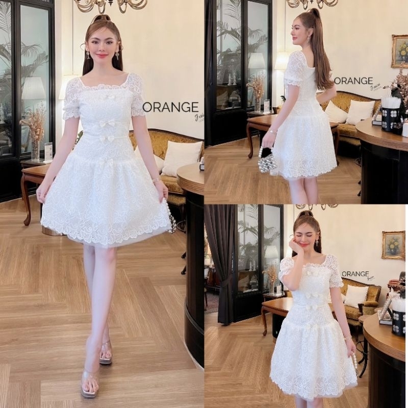 #21803 เดรสขาวผ้าลูกไม้เนื้อดี แต่งด้วยโบ ใส่ออกงาน ใส่เที่ยวได้ Dress Women