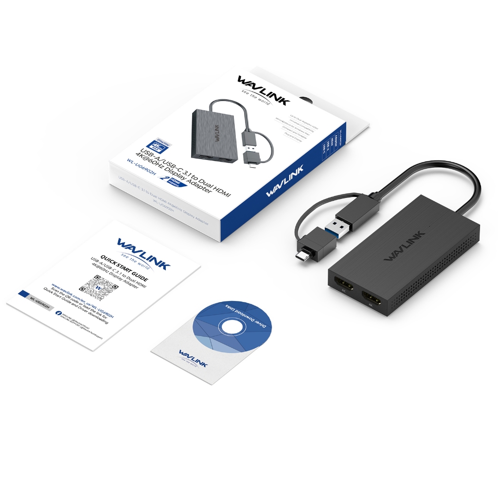 WAVLINK อะแดปเตอร์ USB ถึง HDMI Dual 4K HDMI Splitter 1 in 2 Out Video ตัวแปลง USB to HDMI สําหรับ Macbook Air M1 M2