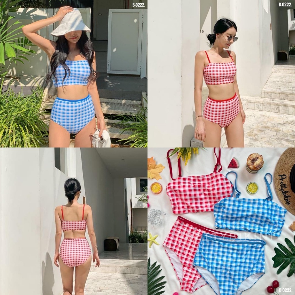 [ สินค้าพร้อมส่ง ไม่ต้องรอพรีออเดอร์ ] B-0222👉 Two Pieces สายเดี่ยว ลายตารางน่ารักสดใสมว๊ากก ใครใส่ก็สวยค่ะทรงนี้