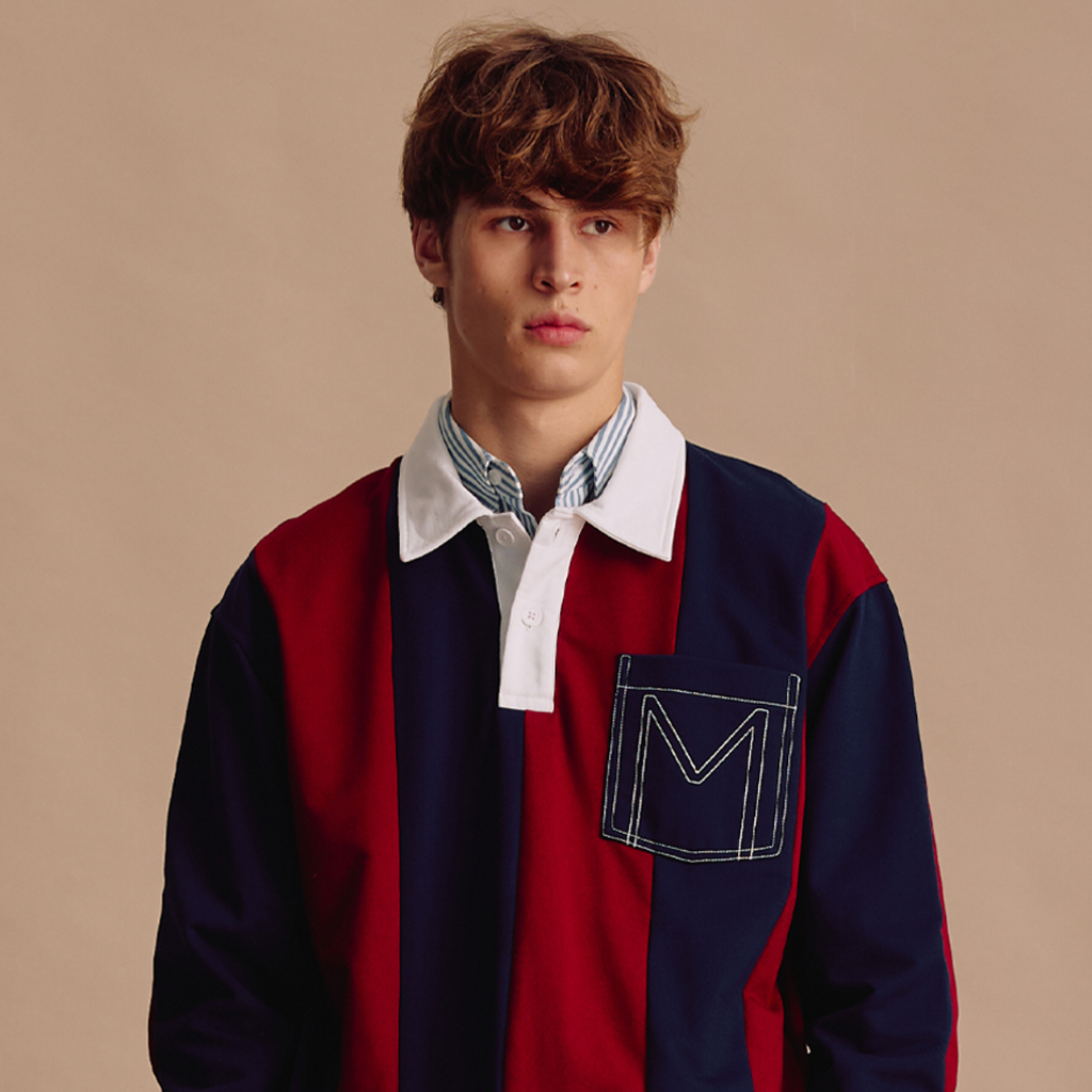 [MOO 1/25] Preppy Rugby Shirt เสื้อรักบี้ผู้ชายแขนยาว ผ้าเจอร์ซี่ คอปกโปโล ตัดต่อชิ้นคอปกและกระเป๋าหน้า แต่งกระดุมหน้า