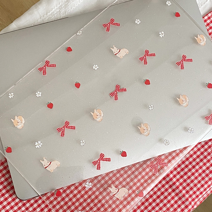 Shesell พร้อมส่ง✨เคส macbook(Glitter)Red ribbion bunny M4 Air13/15 A3241 Pro13 M3 เคสสำหรับแมคบุ๊คใส