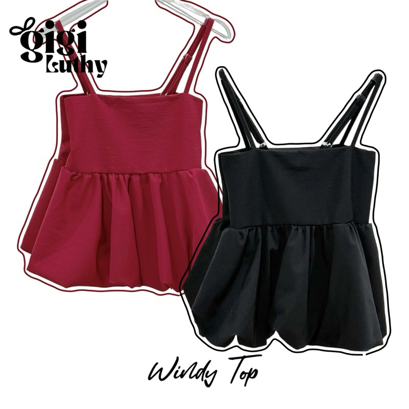 Windy Top - เสื้อสายเดี่ยวทรงบอลลูนสายปรับได้เนื้อผ้าครัช