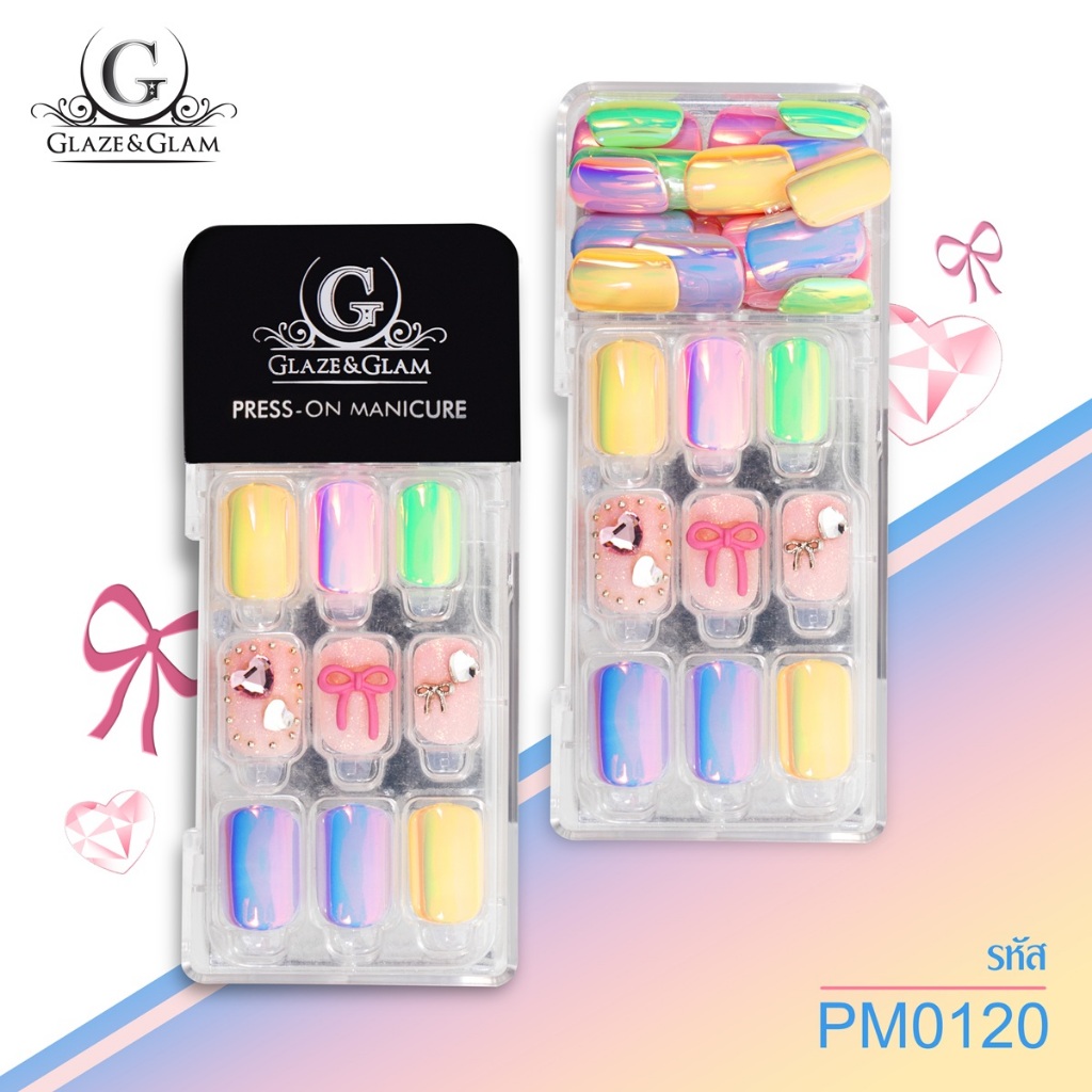 [ New ] GLAZE & GLAM เล็บปลอม เล็บเจลปลอม เล็บปลอมสำเร็จรูป เล็บปลอมพร้อมเทปกาวในตัว PRESS ON NAILS / PM0120 / 30 PCS