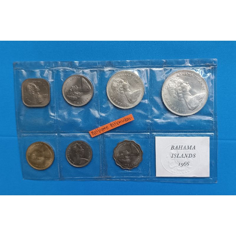 Bahama Island 7 Coins Mint Set 1966 #เนื้อเงิน 2 เหรียญ One Dollar & Fifty Cents .800 Silver