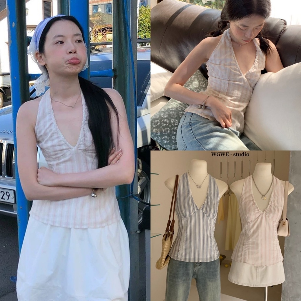 W3055 เสื้อคล้องคอ ลายทาง มีซิปข้าง แฟชั่นเกาหลี TAG WG.WE