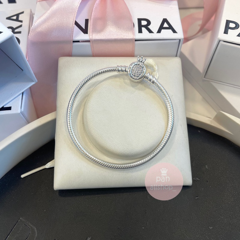 (ของแท้100%)Pandora silver Crown O & Snake Chain bracelet ข้อมือโอ