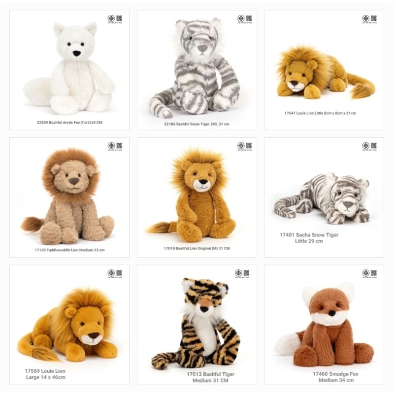 JellyCat - ตุ๊กตารูปสัตว์สำหรับเด็กแรกเกิด - Mammoth - Fox - Dog - Lion - Tiger Doll