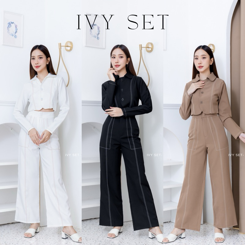 IVY SET - SHP_HAPPY ชุดเซตเสื้อครอปแขนยาวคอปกและกางเกงขายาว