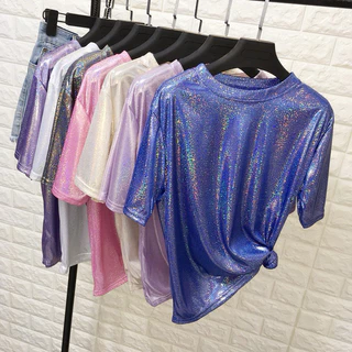 Unicrony • พร้อมส่งจากไทย เสื้อยืดผ้าวิ้งค์ แขนสั้นกลิตเตอร์ ใส่เล่นสงกรานต์ฉ่ำๆ สะท้อนแสงวิ้งๆ เสื้อยืดคอกลมสายรุ้ง