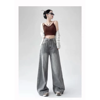 (S-3XL) Jinjeans กางเกงยีนส์ขากระบอกสีเทา แต่งเฟด (909เฟดหน้า-หลัง) Clothing ผู้หญิง เสื้อผ้า Women Lady