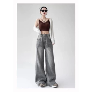 (S-3XL) Jinjeans กางเกงยีนส์ขากระบอกสีเทา แต่งเฟด (909เฟดหน้า-หลัง) Clothing ผู้หญิง เสื้อผ้า Women Lady