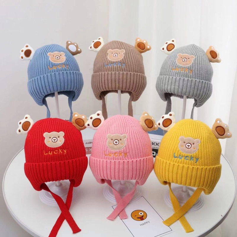 หมวกไหมเด็ก อายุ 8เดือน-3ขวบ หมวกเด็กลายหมีปัก lucky