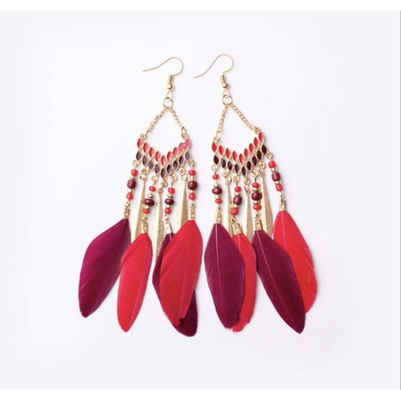 พร้อมส่งในไทย ต่างหู โบฮีเมียนขนนก เครื่องประดับ แต่งลูกปัดขนนก สไตล์ชนเผ่า สาวคาวบอย สวยงาม ส่งจากไทย - รูปที่ 5