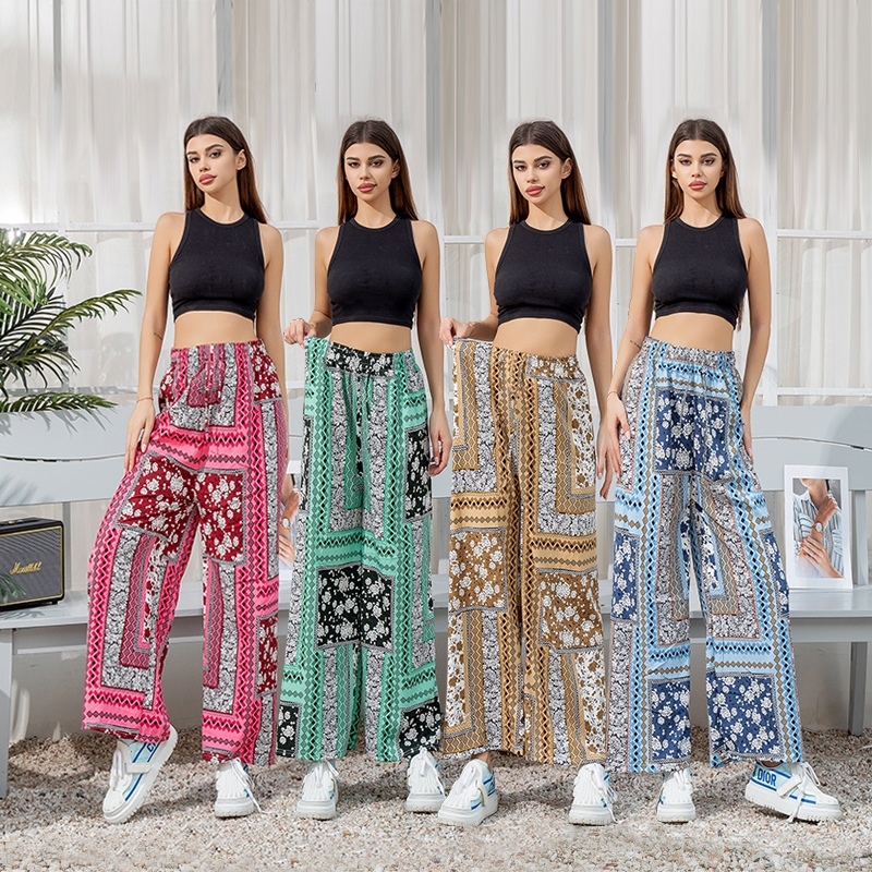 Women wide leg ผู้หญิง กางเกงพริ้ว pants high waist เกงเอวสูง flowers plus size ลําลอง กางเกงยาว