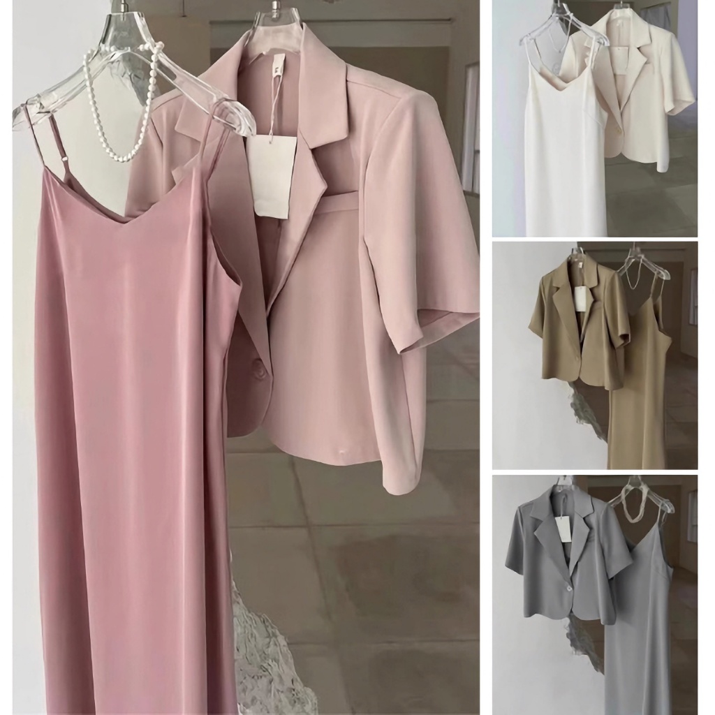 【EVIOVIO】S-5XL ชุดเซตสองชิ้น เสื้อเบลซอร์แขนสั้น + เดรสสายเดี่ยว ทรงสูท ใส่ทำงาน เดรสพลัสไซซ์ สาวอวบ