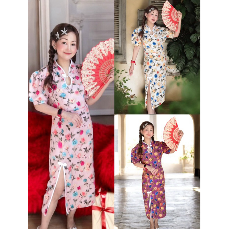 เดรสกี่เพ้า ตรุษจีน ฟรีไซสใส่สบาย อก32-40+ ยาว45ผ่าข้าง