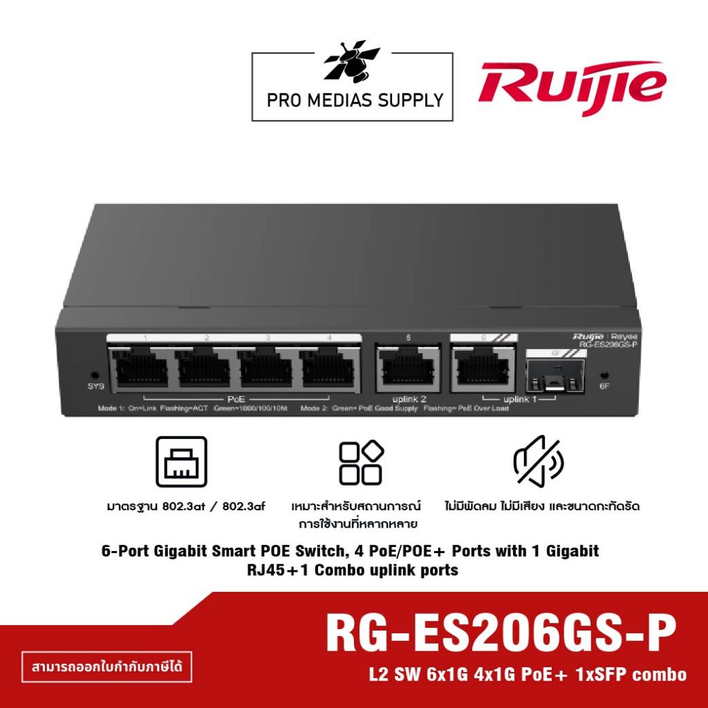 RG-ES206GS-P Reyee Cloud Managed POE Switch 6 Port Gigabit, 4 Port POE, 1SFP 54W