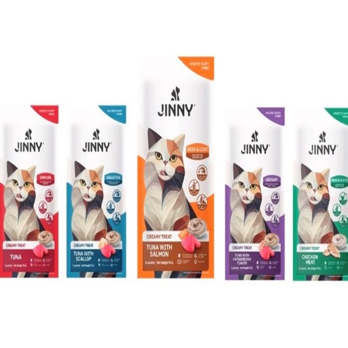 ขนมแมวเลีย Jinny 1แพ็ค5 ซอง เกรด Holistic ไม่เติมเกลือและน้ำตาล ผลิตจากเนื้อปลาทูน่าเนื้อขาวและเนื้อไก่อนามัย