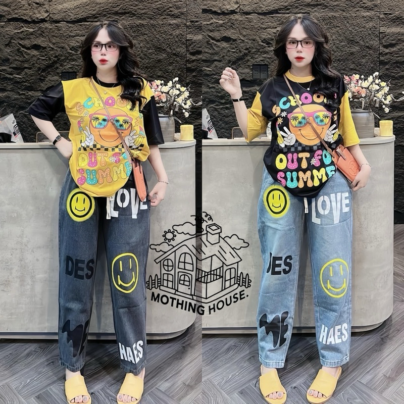 ชุดเซ็ท หน้ายิ้ม(ใส่เเว่น) กางเกงยีนส์เทียม 2สี