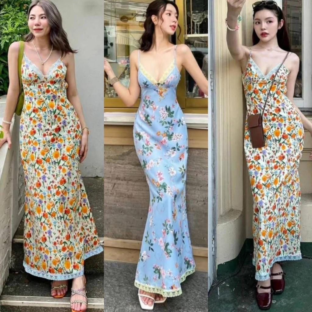 เดรสยาวสายเดี่ยวลายดอก ใส่เที่ยวทะเล คาเฟ่ งานลายดอกสีสันสดใส ฟรีไซส์ สายปรับได้ งานเสริมฟอง มีซับใน