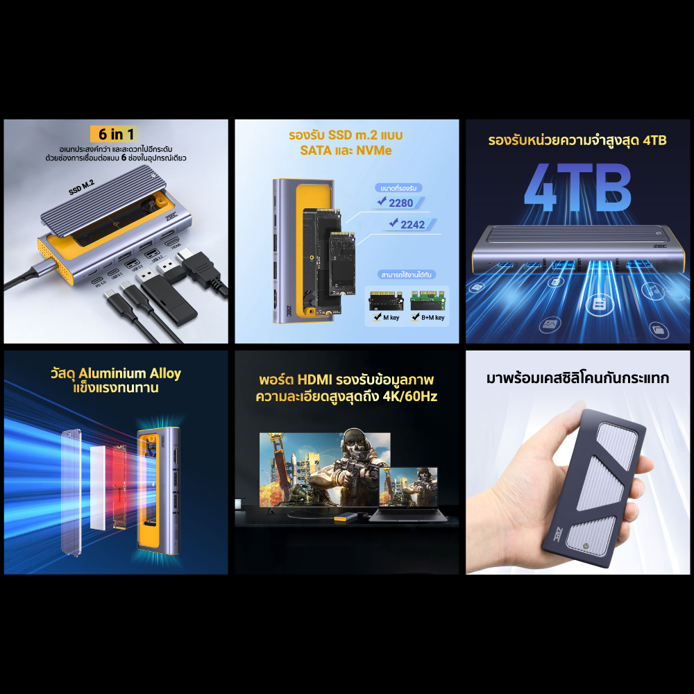 [ลดเหลือ 815] ZTEC ZH831 / ZD621/ ZD622 HUB USB-C 100W ,HDMI 4K,LAN 1Gbps,USB-A USB 3.2 Gen 1x1,SD Card,MicroSD -12M