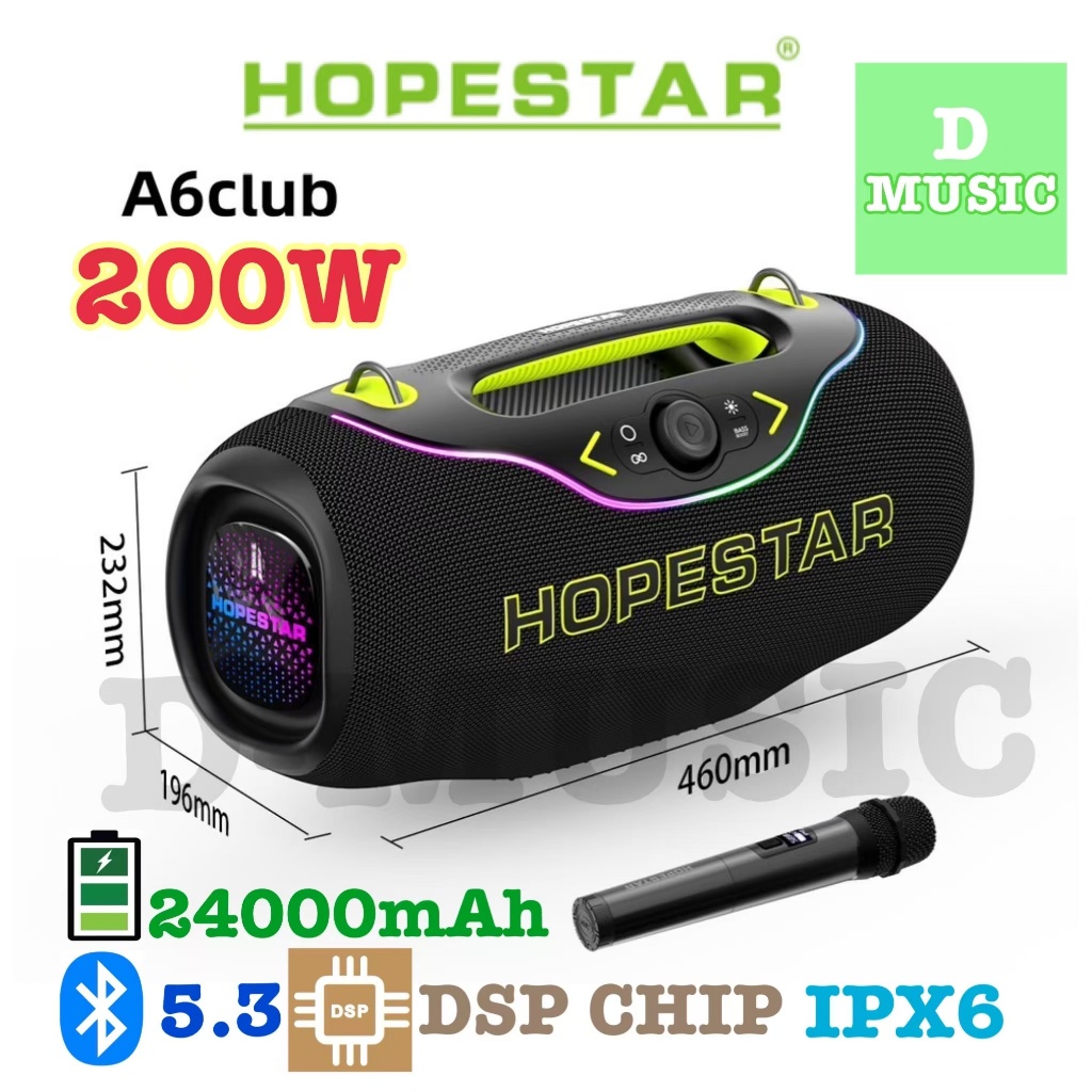 Hopestar A6Club ลำโพงบลูทูธ 200วัตต์ พร้อมไมค์ลอย1อัน ลำโพง3ดอก มีไฟRGB ปรับเบส3โหมด ของแท้100%
