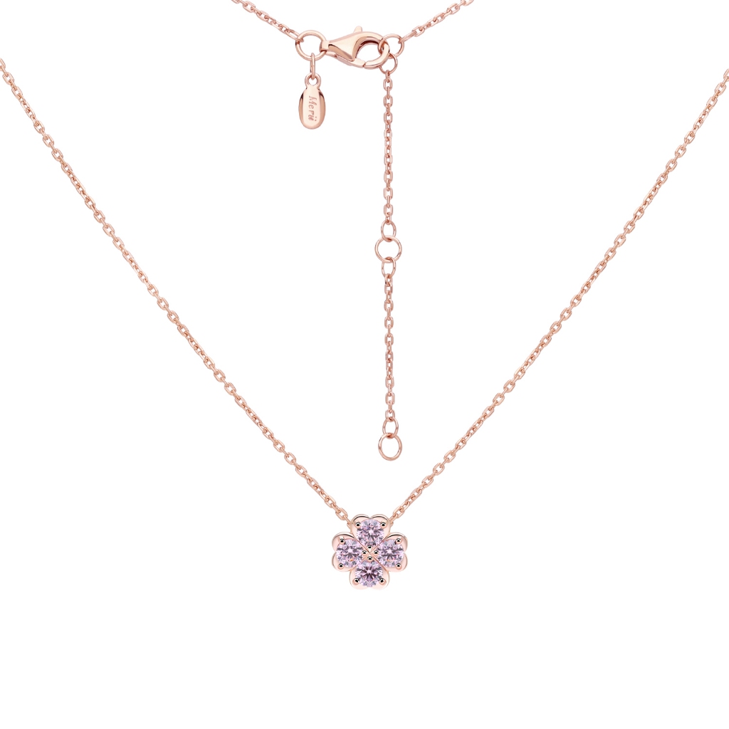 MErii สร้อยคอเงินแท้ชุบโรสโกลด์ ประดับ CZ สีชมพู ดีไซน์ใบโคลเวอร์ Lucky Clover