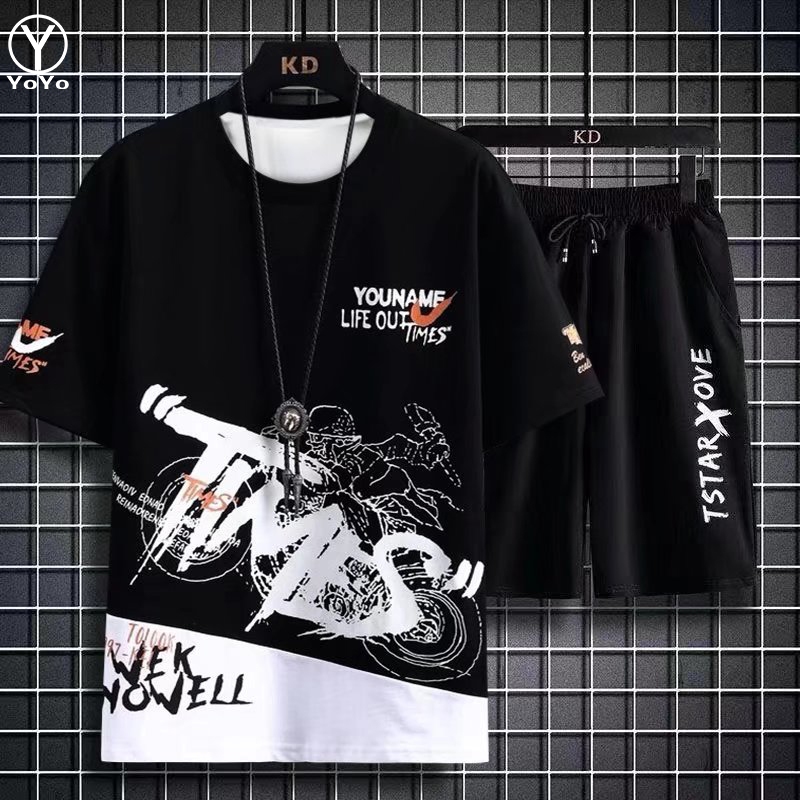 YOYO ชุดแฟชั่นชายเสื้อยืดแขนสั้น + กางเกงขาสั้น ผ้าแห้งเร็วหลวมชุดกีฬาและชุดพักผ่อน รุ่น2804 - รูปที่ 2