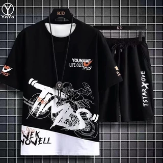 YOYO ชุดแฟชั่นชายเสื้อยืดแขนสั้น + กางเกงขาสั้น ผ้าแห้งเร็วหลวมชุดกีฬาและชุดพักผ่อน รุ่น2804