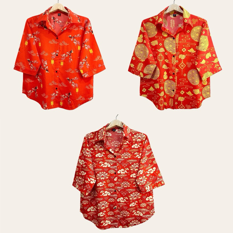 (อก 44”) เสื้อตรุษจีนผู้หญิง เสื้อเชิ้ตเเขนสามส่วน ผ่าหน้า ผ้าไหมอิตาลี ไม่ต้องรีด