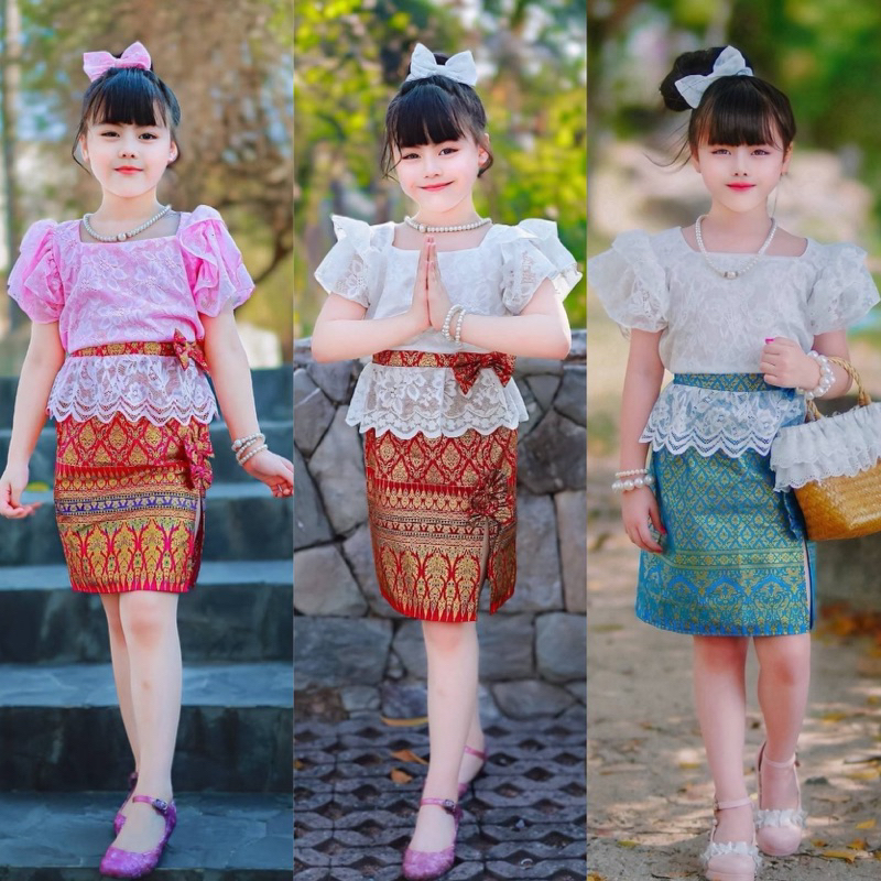 ✅พร้อมส่ง ชุดไทยเด็กเสื้อลูกไม้แขนระบาย 2 ชั้น แต่งคาดโบว์+ กระโปรงผ่าหน้า พร้อมคาดผม
