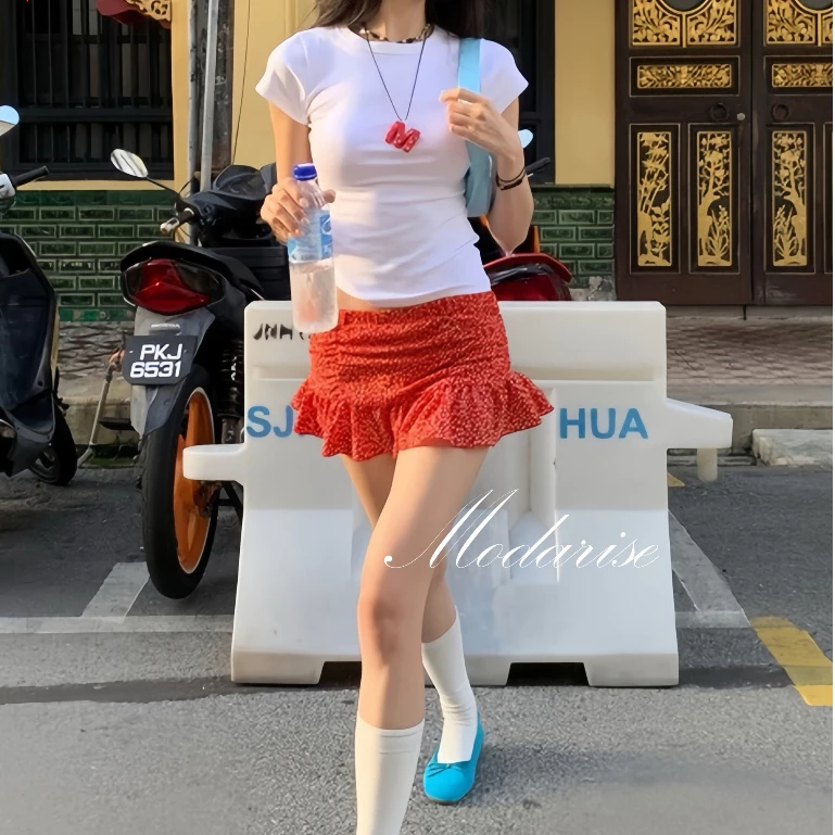 Modarise🌟กระโปรงมินิชั้นเดียว A-line ของผู้หญิง Y2K กระโปรงกางเกง ลายดอกไม้เล็กๆ นัวเนีย /ชายระบาย