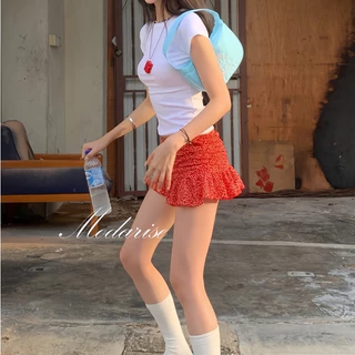 Modarise🌟กระโปรงมินิชั้นเดียว A-line ของผู้หญิง Y2K กระโปรงกางเกง ลายดอกไม้เล็กๆ นัวเนีย /ชายระบาย