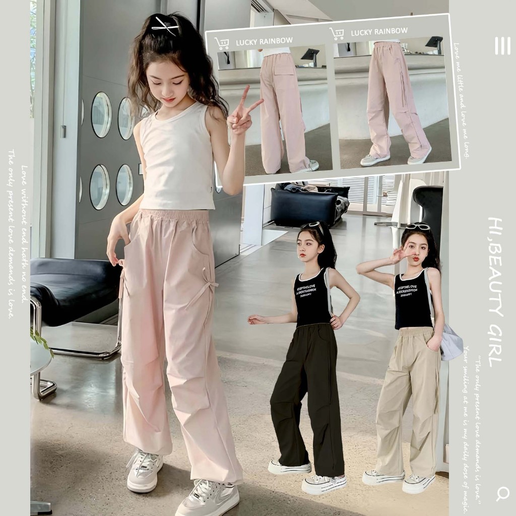 Lcukly Rainbow กางเกงเด็กผู้หญิง อวยางยืด สไตล์เกาหลี ทรงหลวม แฟชั่นฤดูร้อน เท่ๆสบายๆ 2-14 ปี กางเกงคาร์โก้เด็ก
