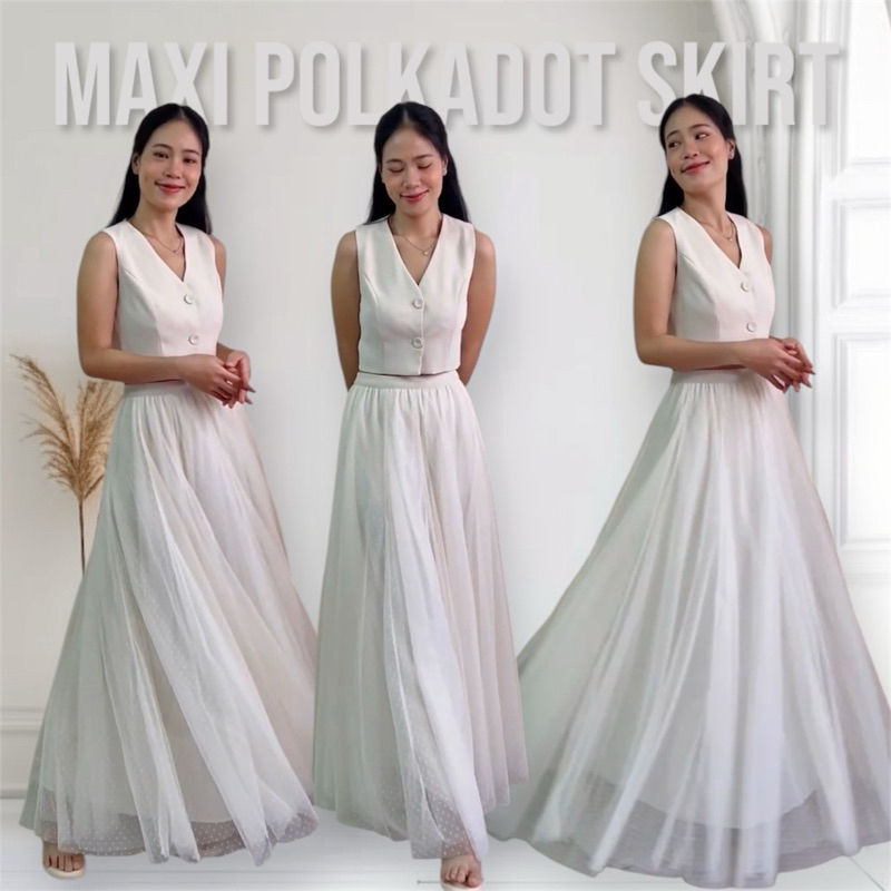 Polkadot chiffon maxi skirt กระโปรงผ้าเน็ต ยาวคลุมตาตุ่ม ปักลายจุดทั้งตัว มี7สี