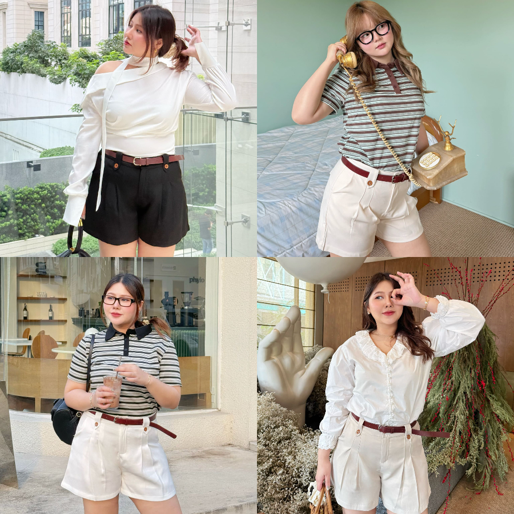 Waffle shorts 🥨 กางเกงขาสั้น 2 จีบ แถมเข็มขัด (มีเอว28-42) - merrychubbyhouse