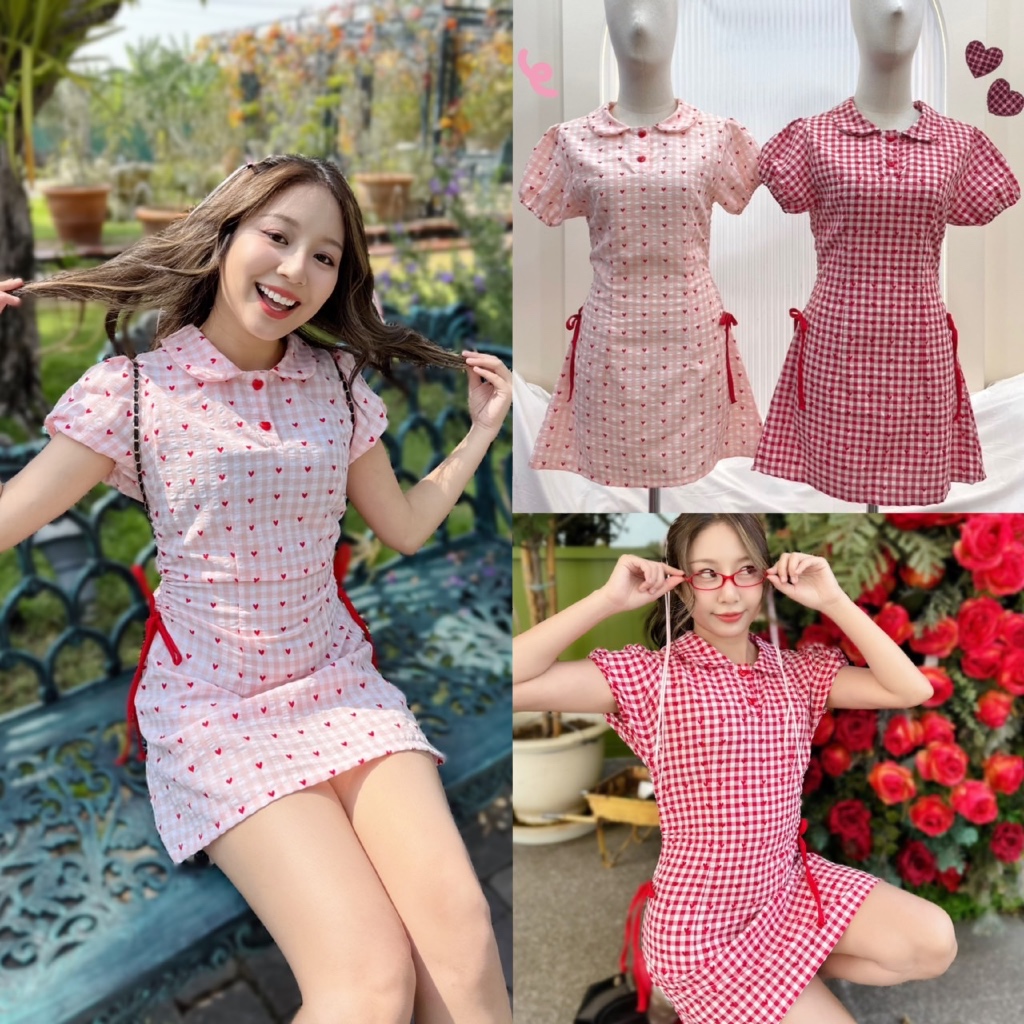 Skytadress ชุดมินิเดรสวาเลนไทน์ ผ้าคัดตอนสก็อตพิมลายหัวใจ น่ารักสุด