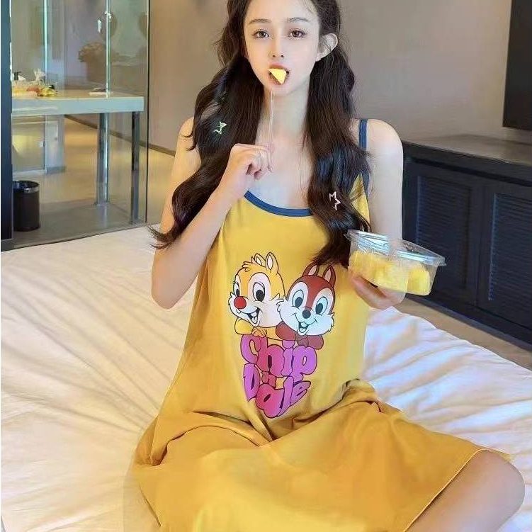 พร้อมส่ง  ชุดอนกระโปรงสายเดี่ยว ลายการ์ตูน กระโปรงยาวผ้าคอตตอน ฟรีไซส์