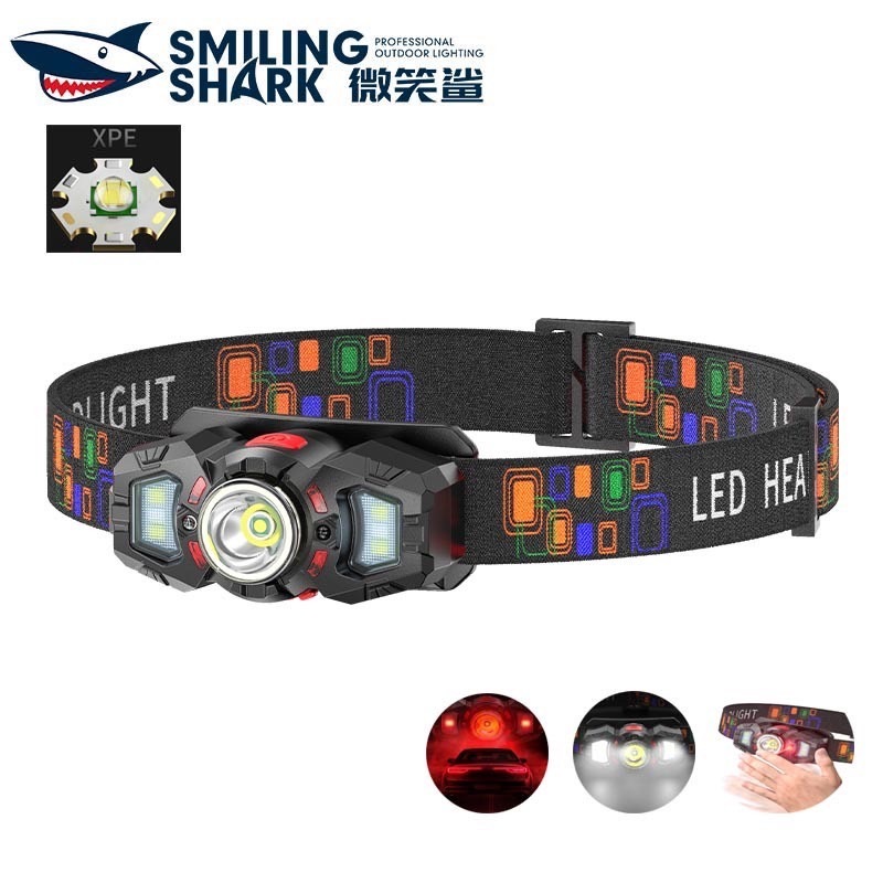 SmilingShark TD0178 ไฟฉายคาดหัว LED ไฟหน้าเซนเซอร์ สีขาวสีแดง ไฟฉายคาดหัว Type-C ชาร์จใหม่ได้ 6 โหมดกันน้ำสำหรับตั้งแคมป