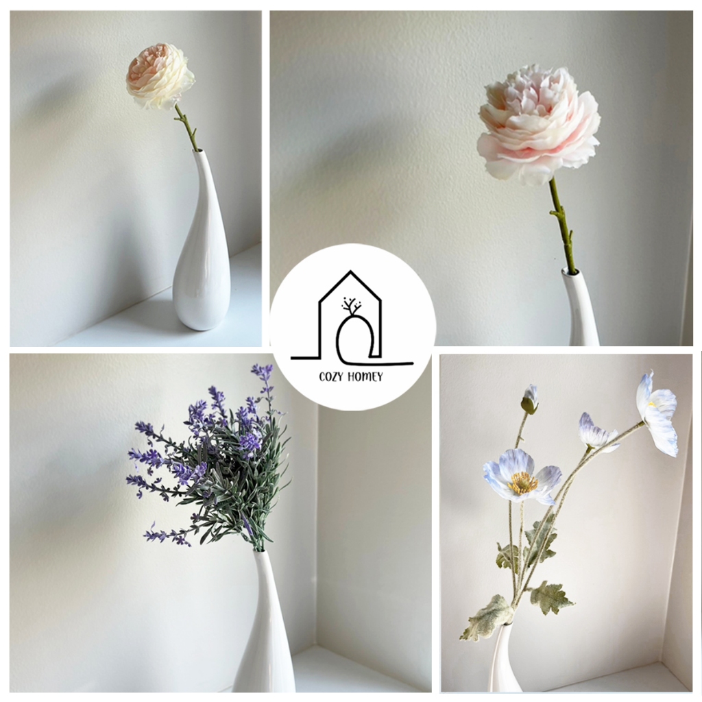 ชุดแจกันเซรามิคทรงโค้งสีขาว พร้อมดอกไม้ (Flower vase)